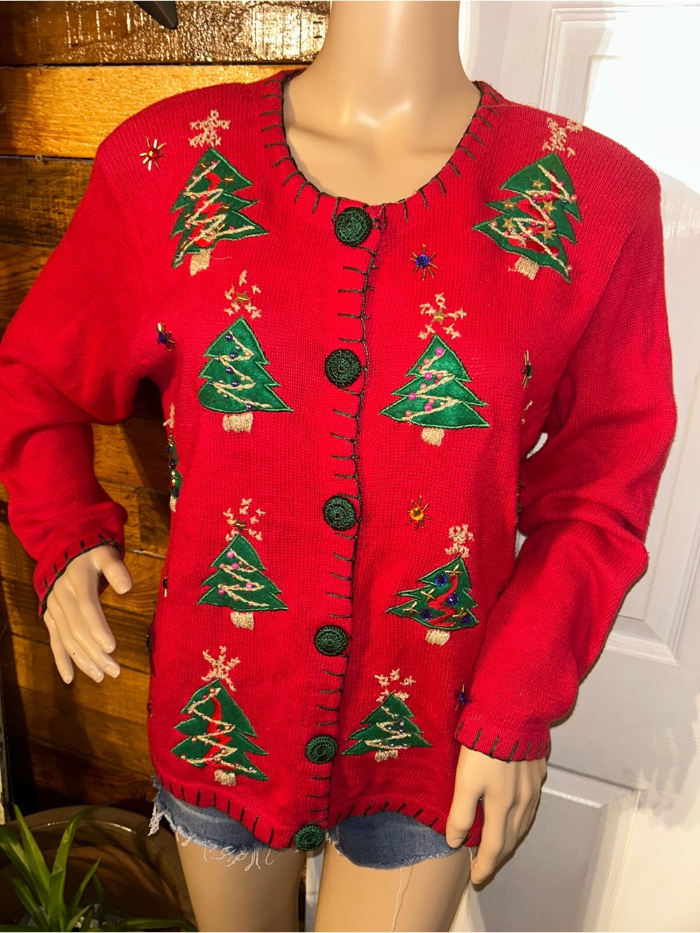 Vintage Women's Red Christmas Tree Button-Up Cardigan Sweater